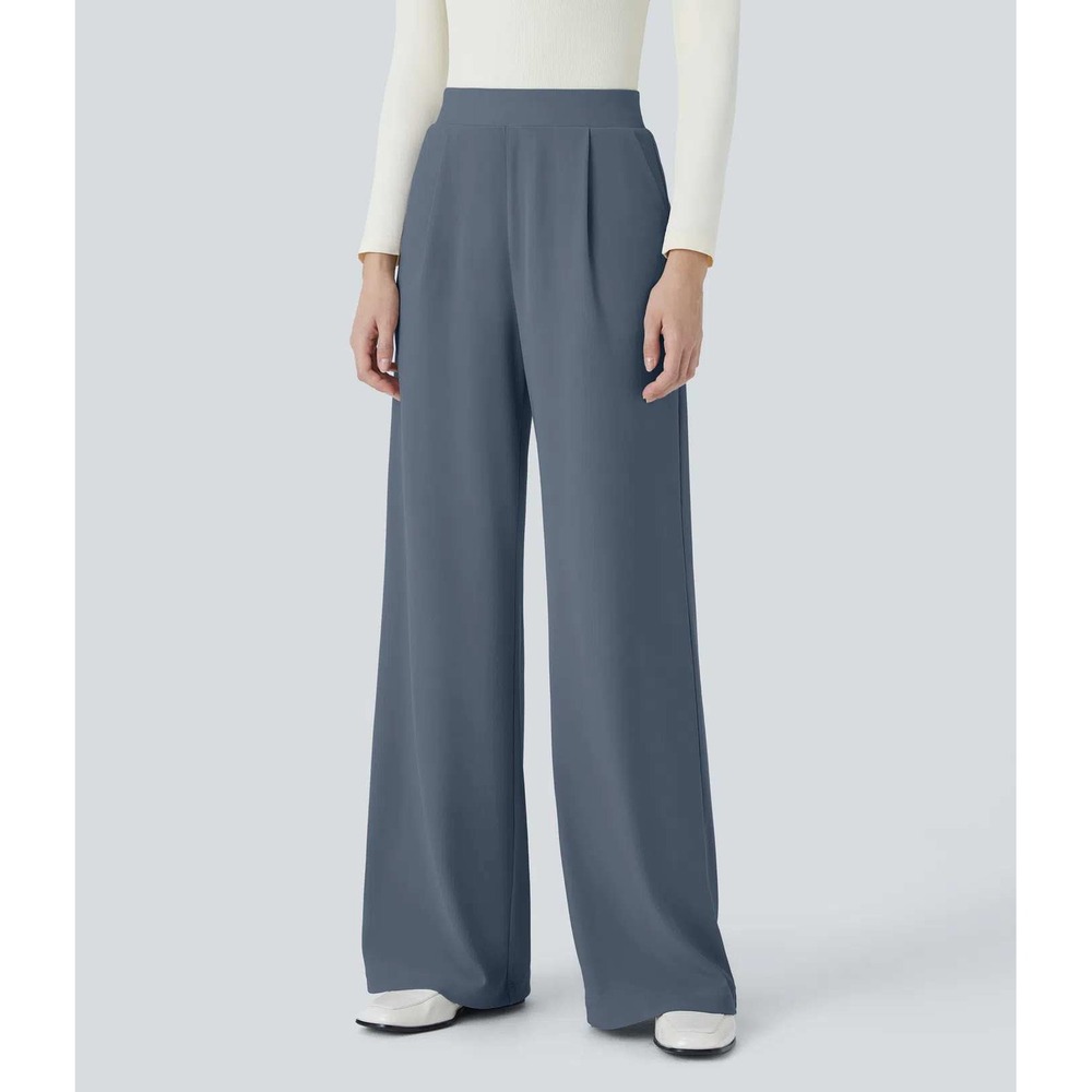 Halara Flex High Waist Wide Leg Micro Waffle Work Pants Deep Sea Gray Blue Large